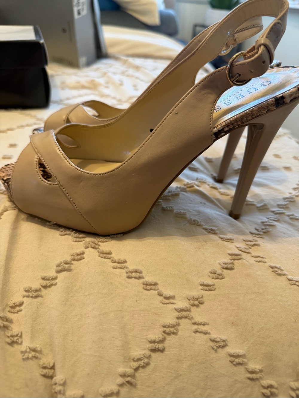 Guess Beige Peep-Toe Slingback High Heels